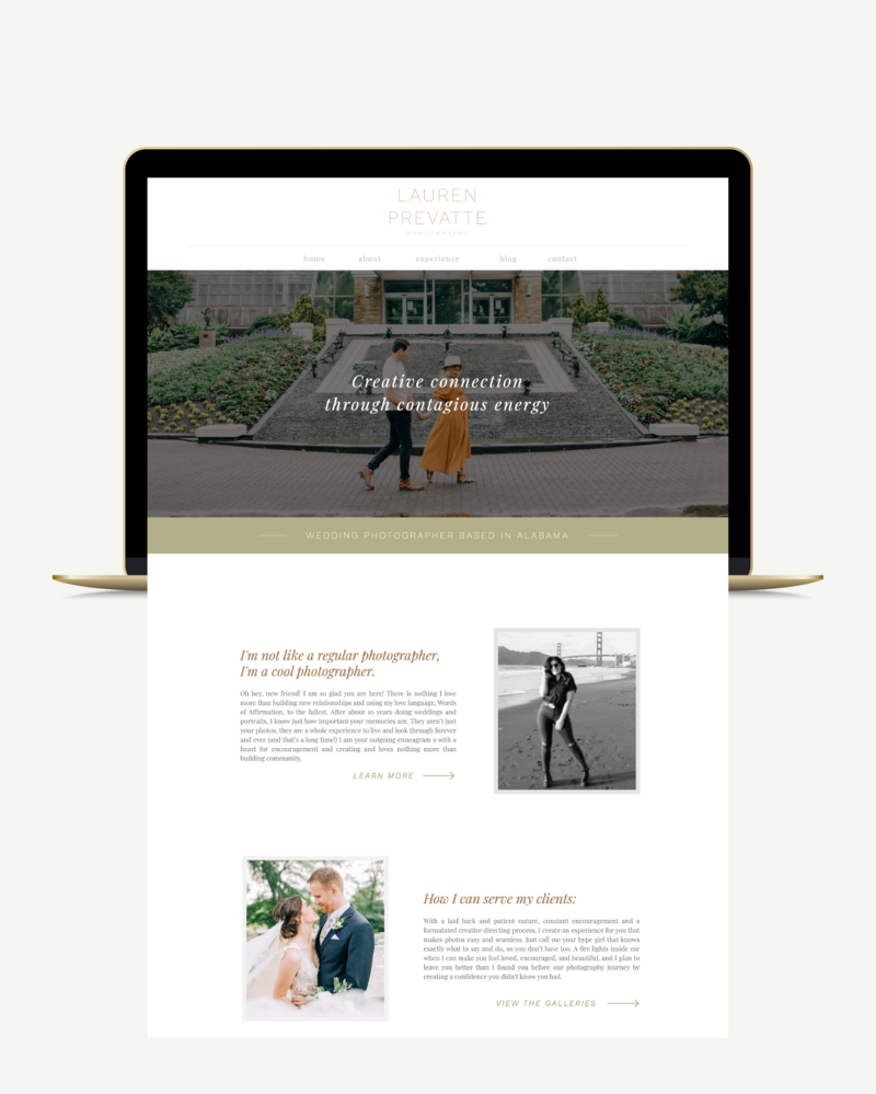 Screen capture of Tiffani Woodruff Photography Showit website design displayed on gold macbook pro