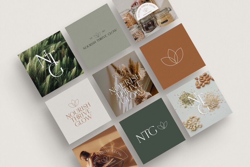 Nine square mock-ups showing various logo types for nutrition client.