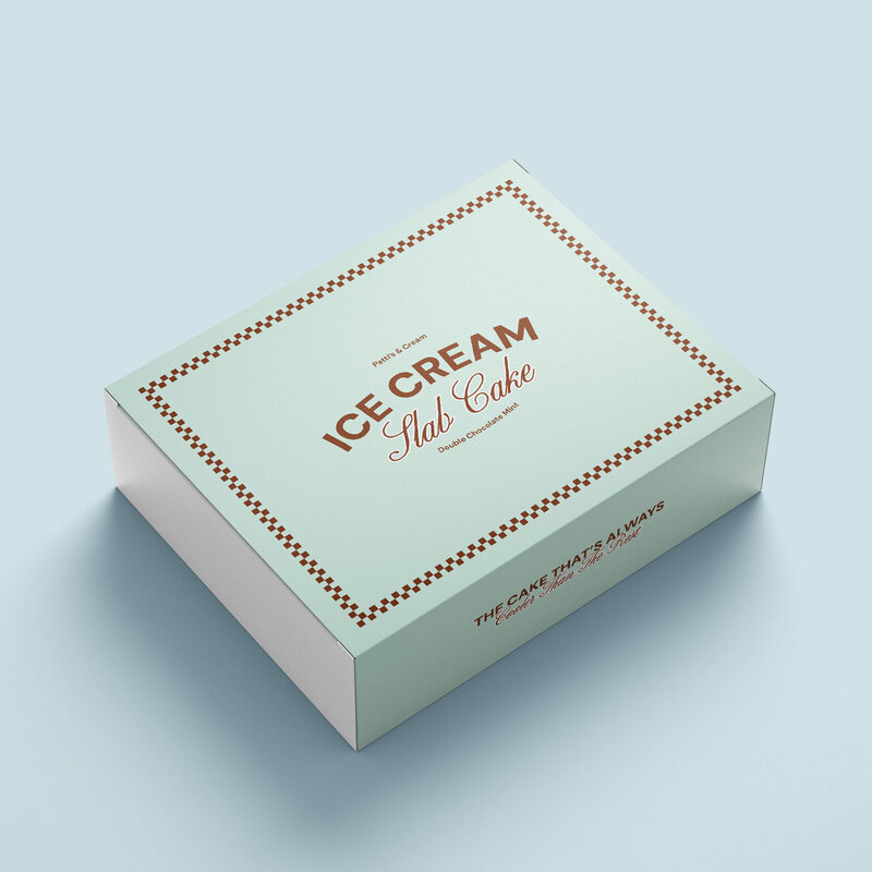 Printed box sleeve packaging for Patti's & Cream's slab cake. Packaging design by Dunedin graphic designer. 