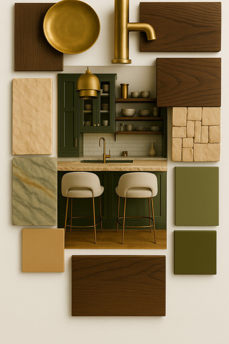 A palette of colors and textures of wood, paint, and stone that come together to make a beautiful kitchen.