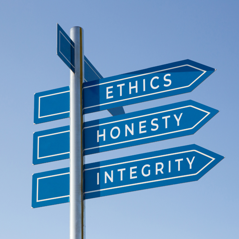 Three road signs that read ethics, honesty, and integrity.