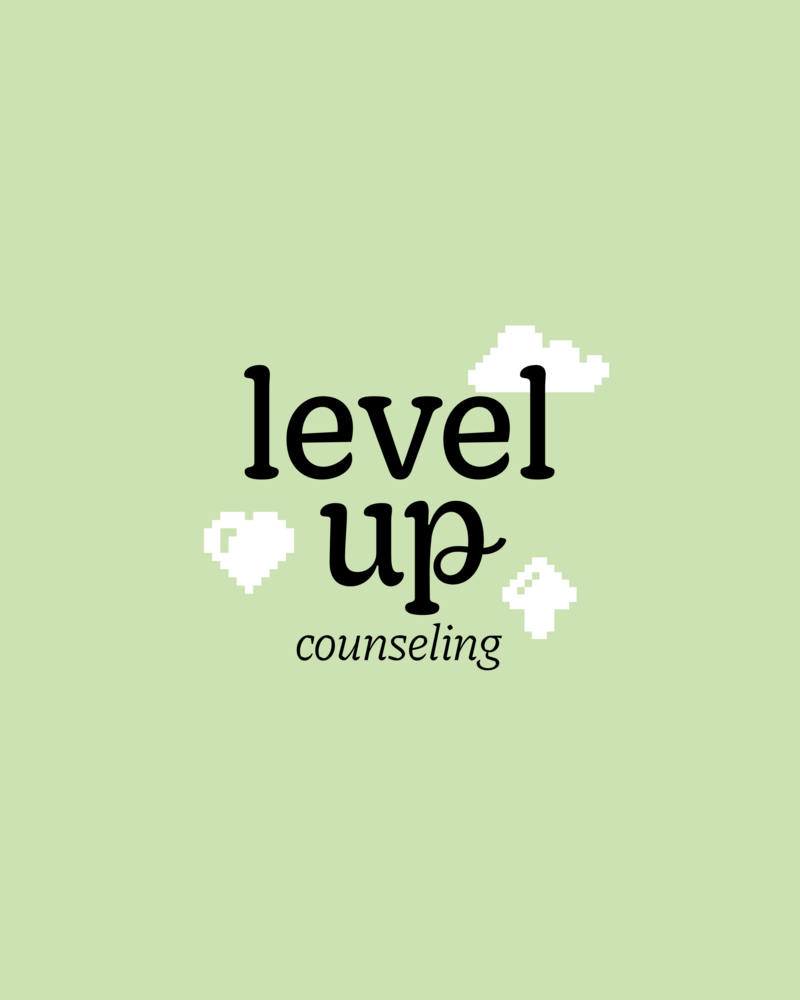Level Up Counseling Logo with pixelated icons