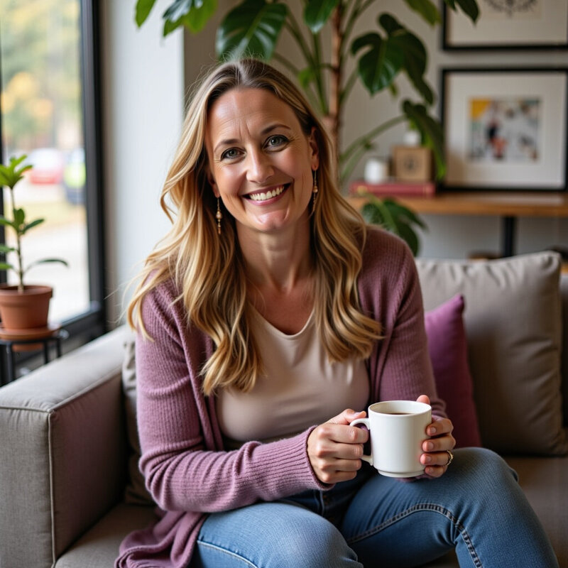 Marketing coach, Carissa Kruse, holding a mug of coffee and smiling at her clients.