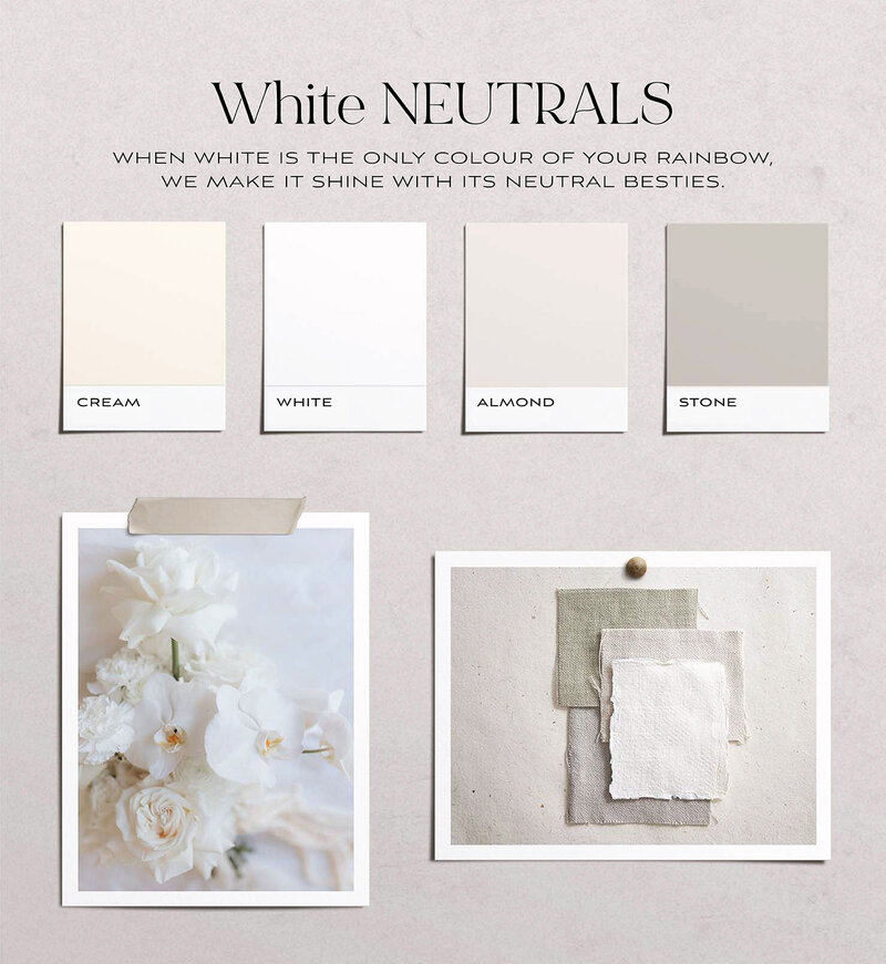 Mood board of white an neutrals palette for a wedding