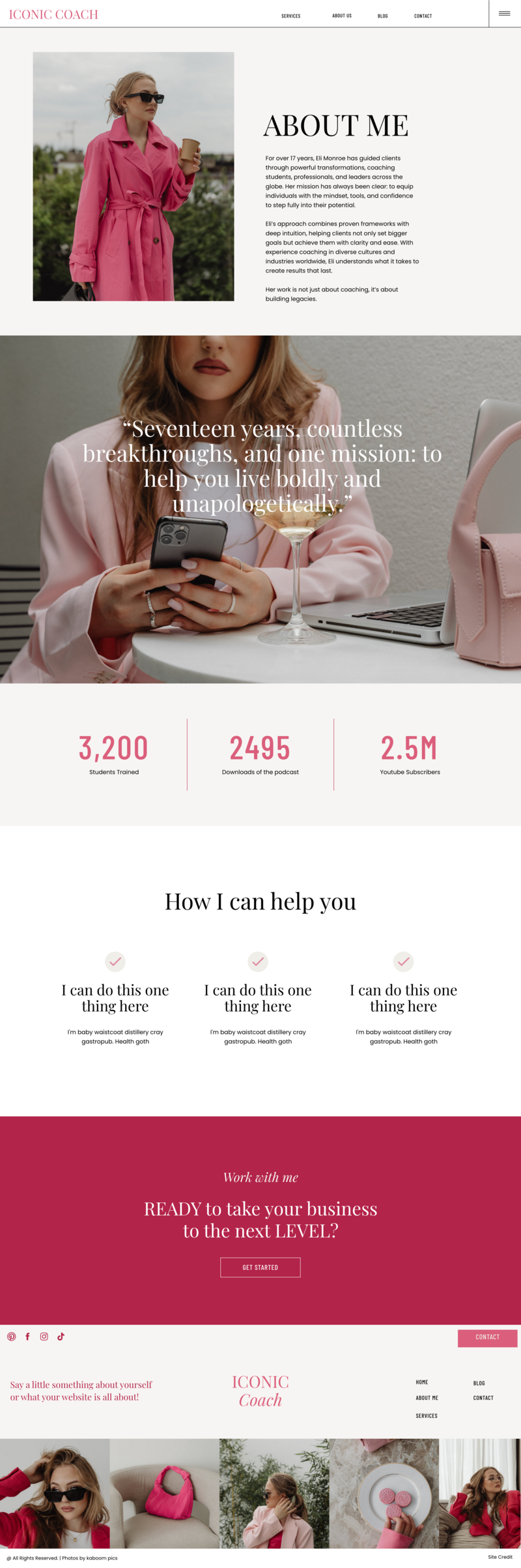Coaching brand website displayed on tablet with neutral background.