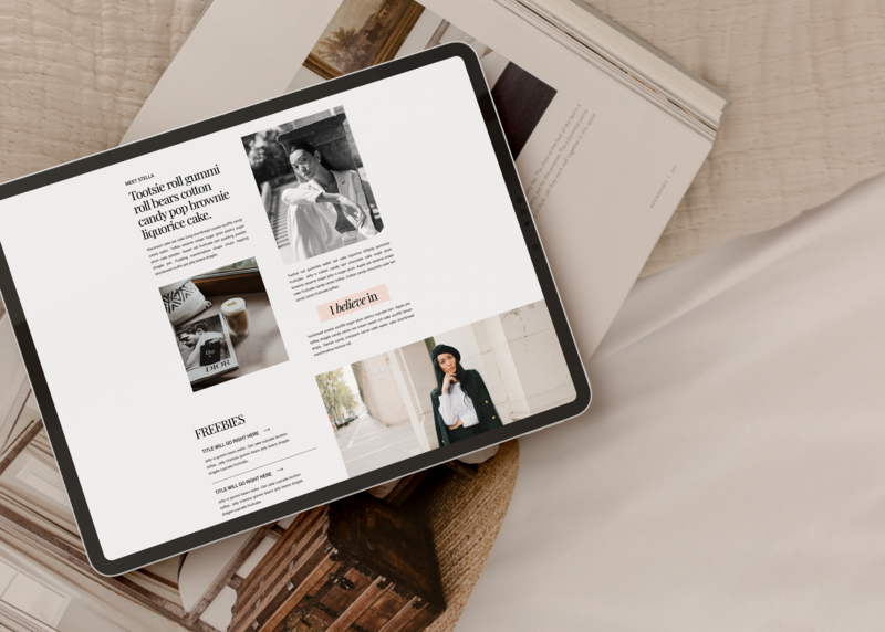 A tablet display showing a feminine Showit website template designed and sold by Bayou Brand House. The layout features a soft, elegant design with black and white images, muted pink accents, and minimalist typography, ideal for female entrepreneurs and creatives seeking a refined and stylish online presence.