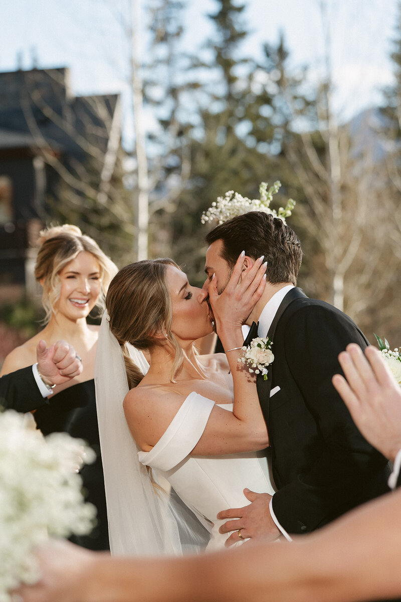 Colorful florals with moss base for intimate wedding in Banff Alberta.