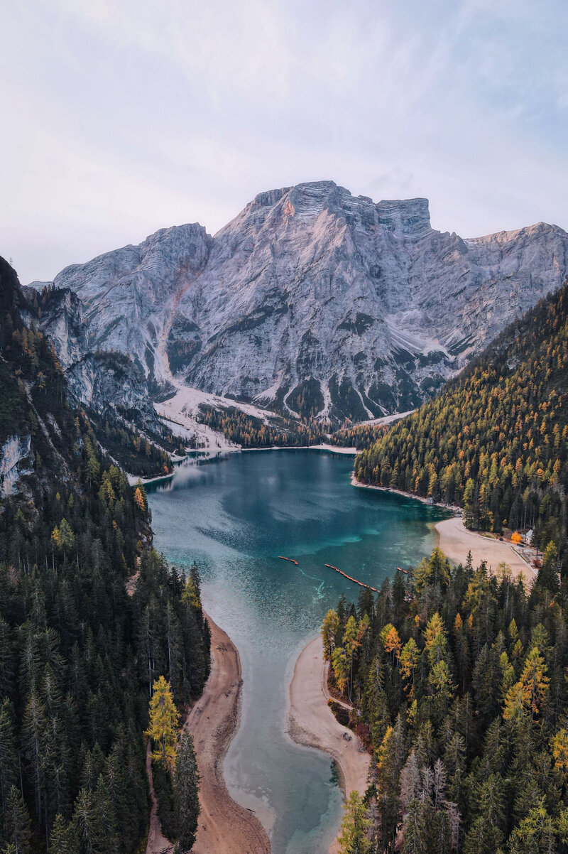 A bright blue mountain lake in the heart of the Dolomites