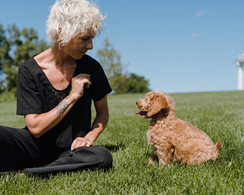 Sasha teaching obeying commands to puppy