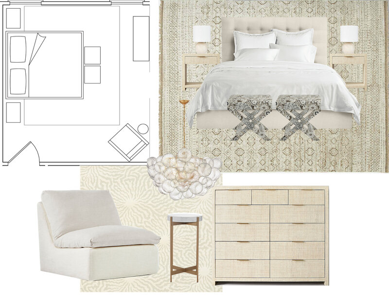 Interior Design Master Bedroom Schematic Design Presentation  with floor plan, grasscloth details, and highly decorative chandelier