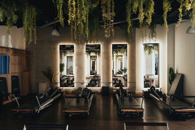 Dark pilates studio with wood flooring, wall mirrors, and hanging greenery, used in Everwell Pilates wellness studio case study