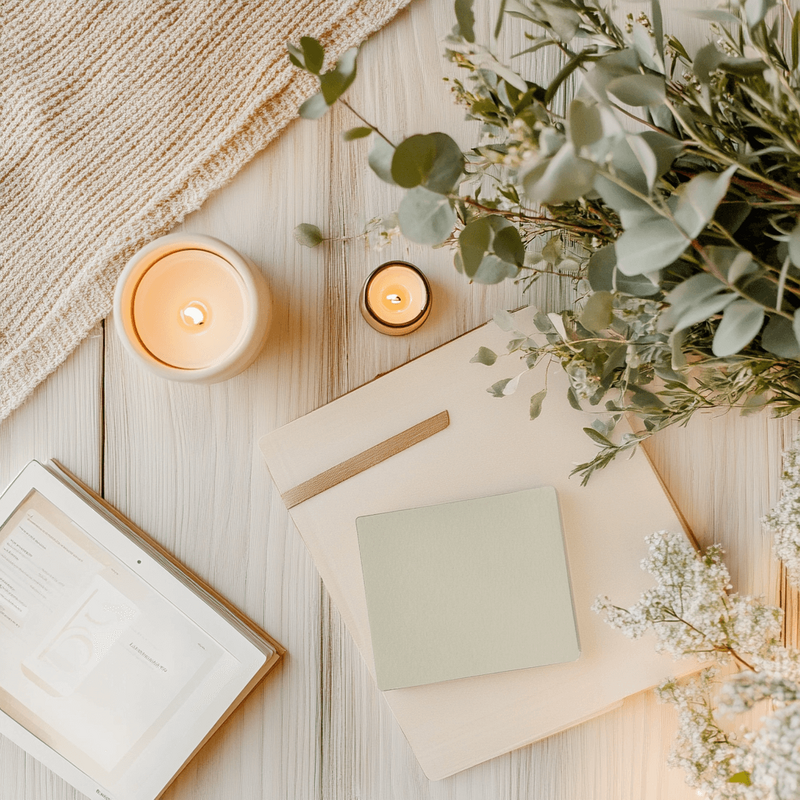 Candles on a desk with notebooks