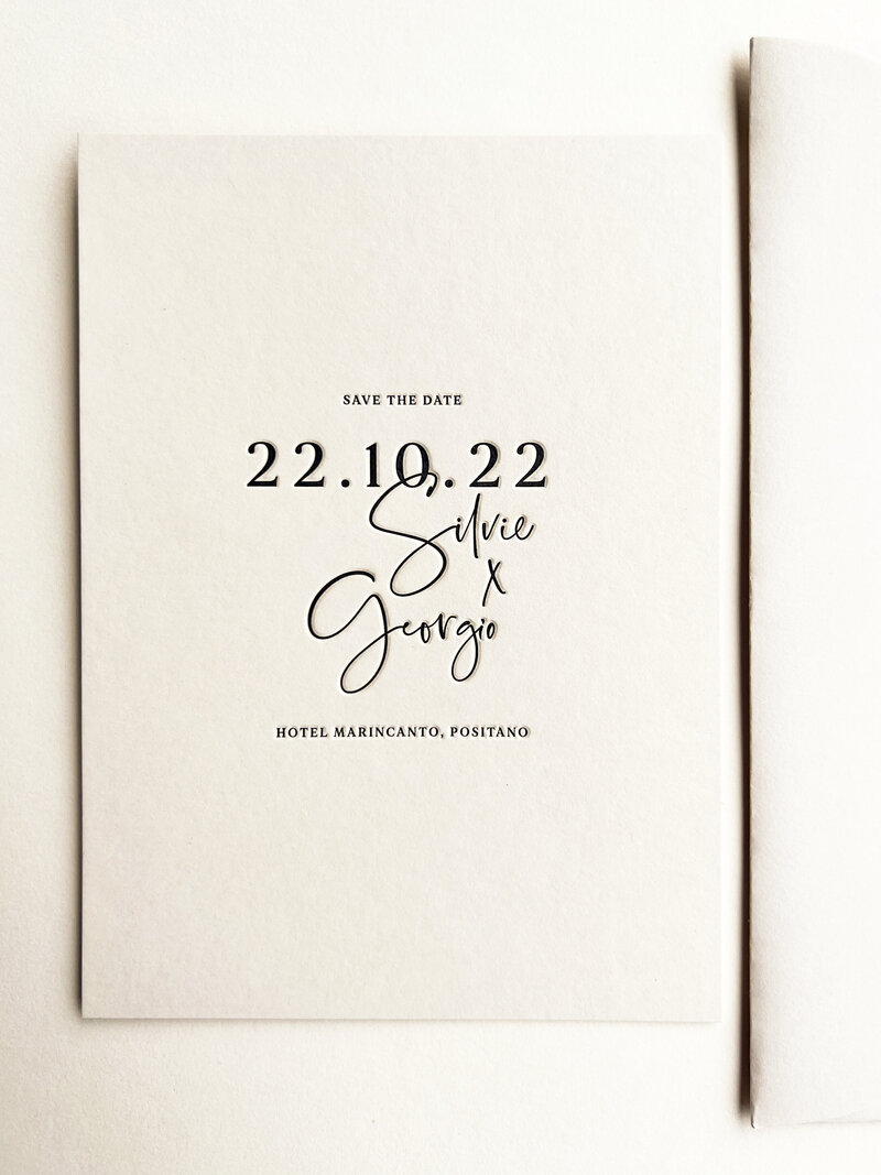 Sylvie oversized lettering letterpress wedding save the date card