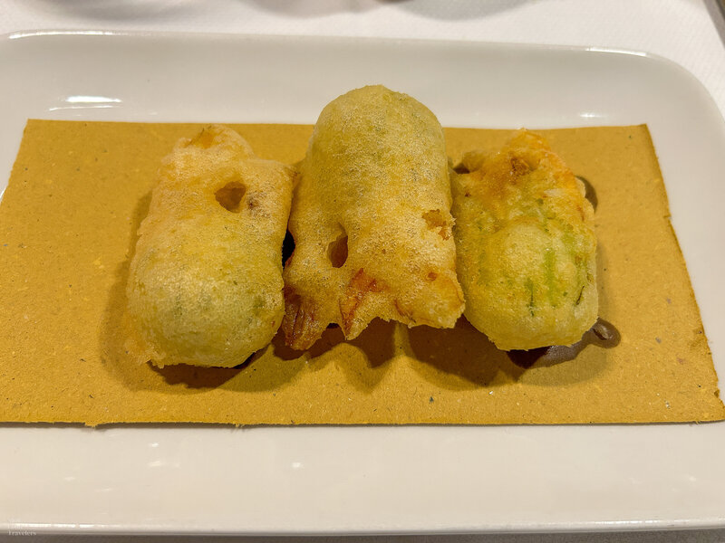 Fried zucchini flower starter at Ristorante Cesarina in Bologna, Italy