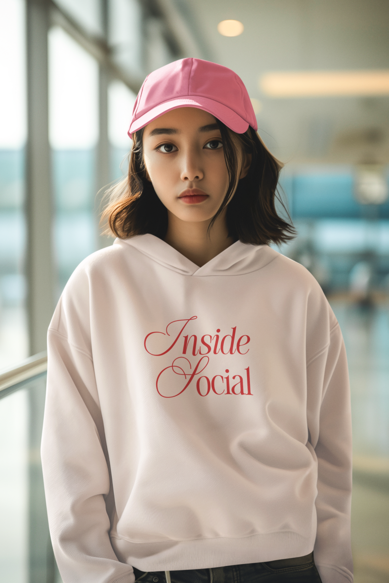 Woman wearing branded hoodie mockup for Inside Social branding created by Leithal and Co