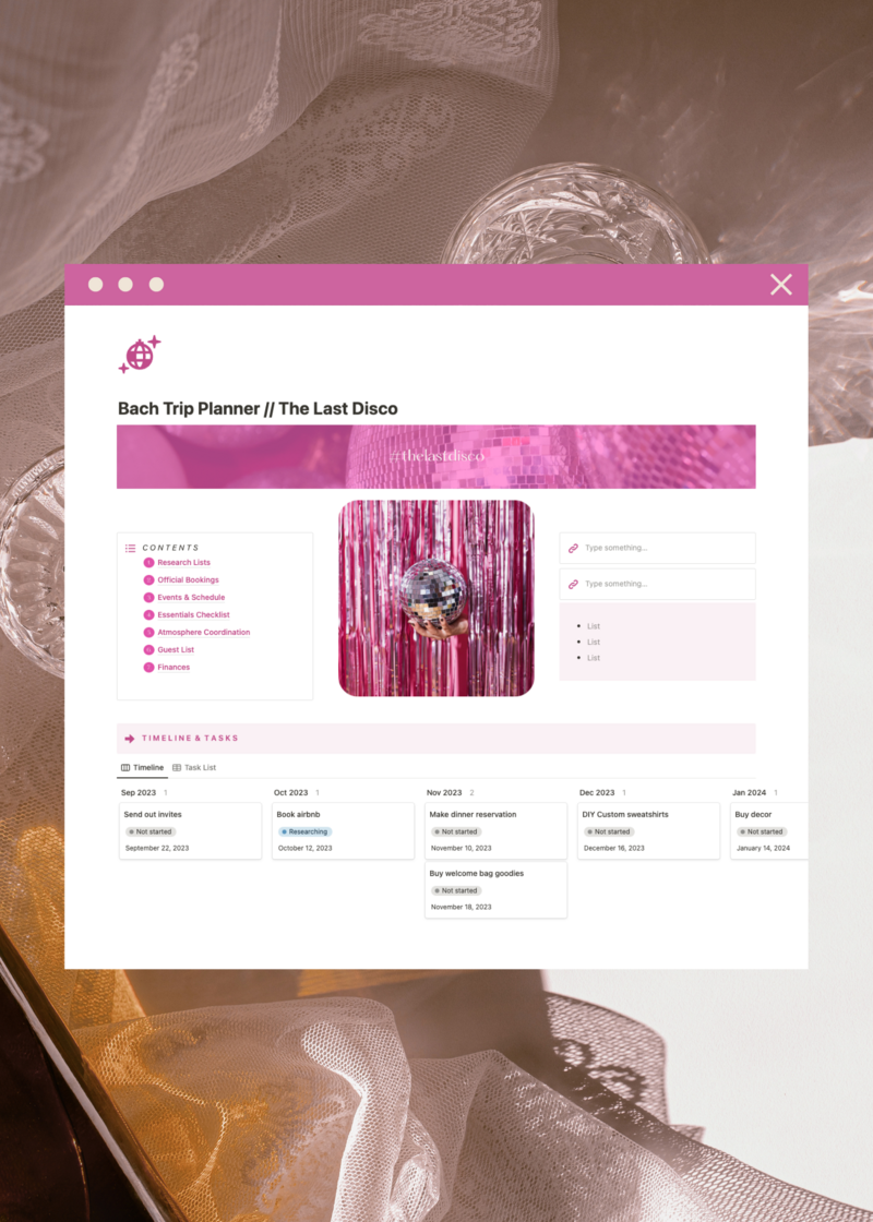 Notion Bachelorette planner dashboard page in the last disco style