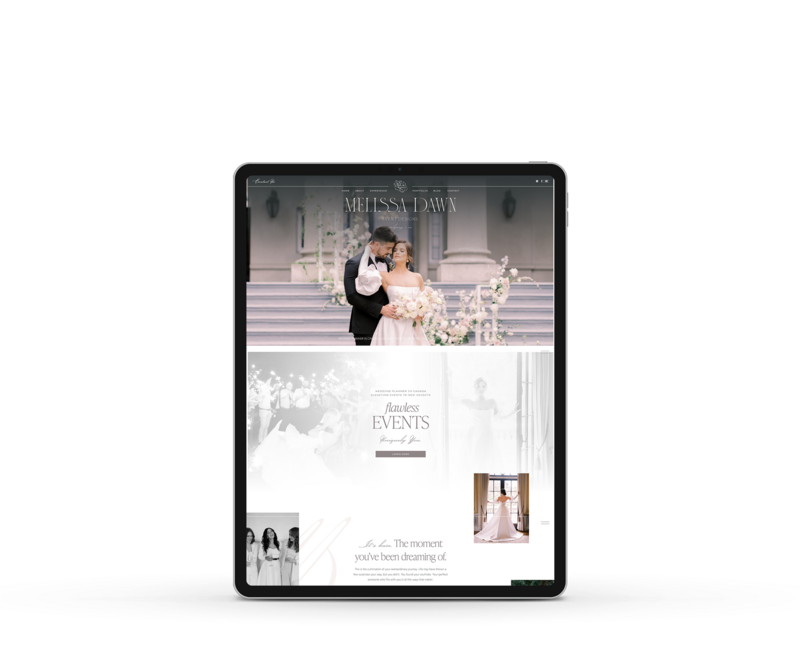 A tablet displays a wedding website featuring a couple in wedding attire, event details, and photos of bridesmaids, a beautiful Showit website crafted with expert precision by a showit design partner.