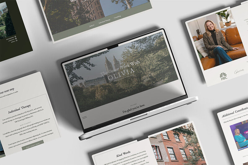 A laptop displaying multiple pages of content for a therapist and media consultant website design project.