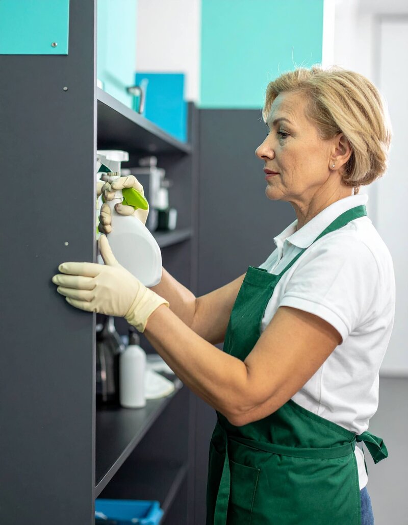 professional cleaning woman, vacuuming the carpet in a trendy commercial office space