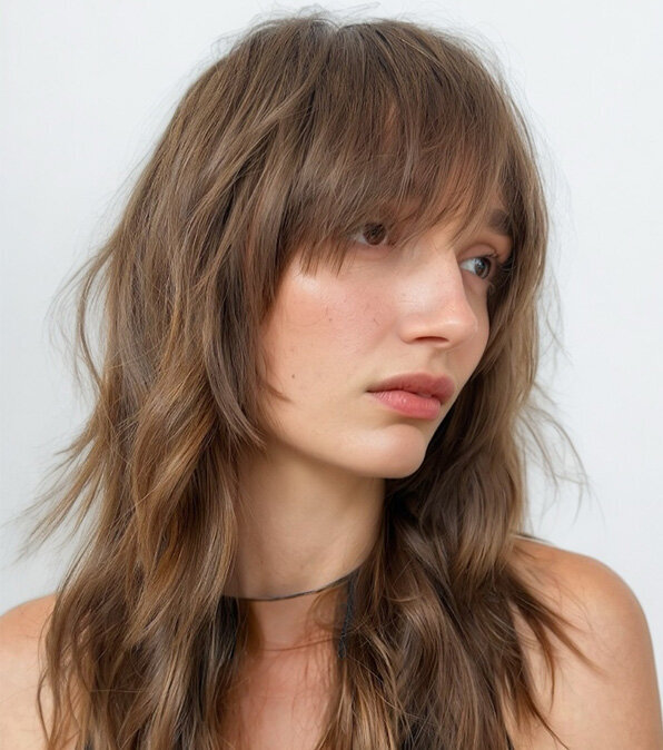Layered brunette haircut with textured waves, highlighting professional hairstyling and cutting course results.