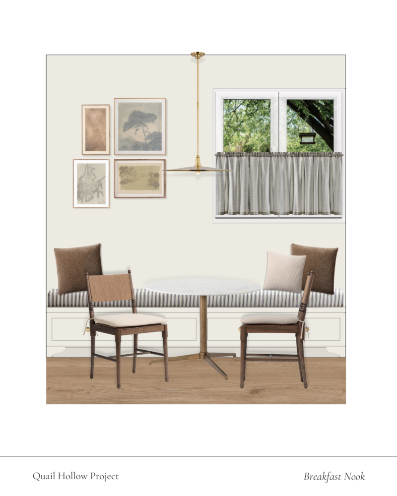 Rendering of a farmhouse kitchen dining nook with built in bench seating, striped fabric and artful decor by Sister Studio