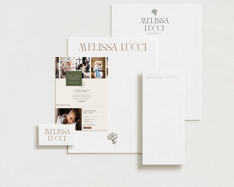 A cohesive branding suite for 'Melissa Lucci Photography,' designed by a showit designer. The suite includes elegant stationery with the brand name in sophisticated typography, a rose illustration, and soft, neutral colors. Featured are a business card, letterhead, envelope, and a website mockup showcasing guides and presets for DIY newborn and family photos, all reflecting the brand's refined and professional aesthetic.