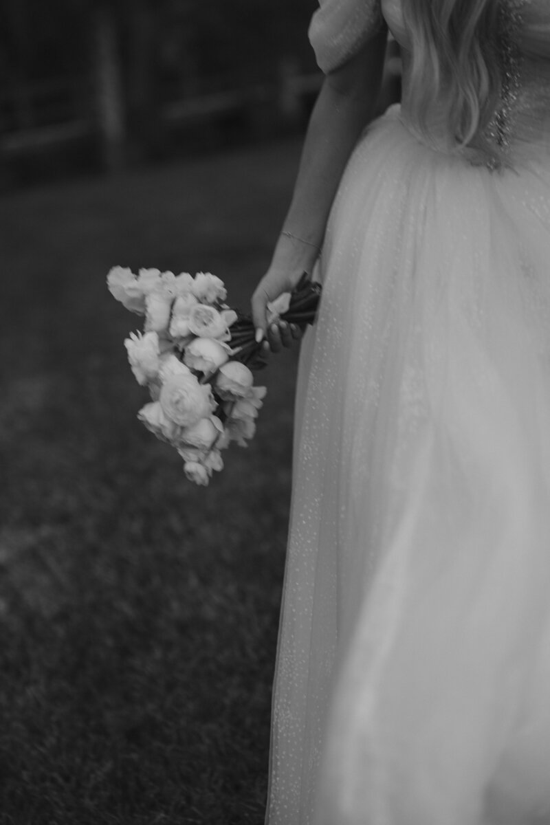 Close-up of a luxury bridal bouquet at a private estate wedding in Tampa, Florida—lush floral arrangement featuring elegant blooms, designed by Watters & Co. Events.