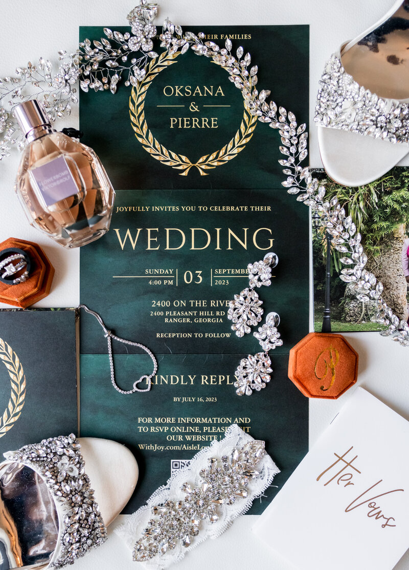 Bridal details laid out on wedding day for Georgia Bride
