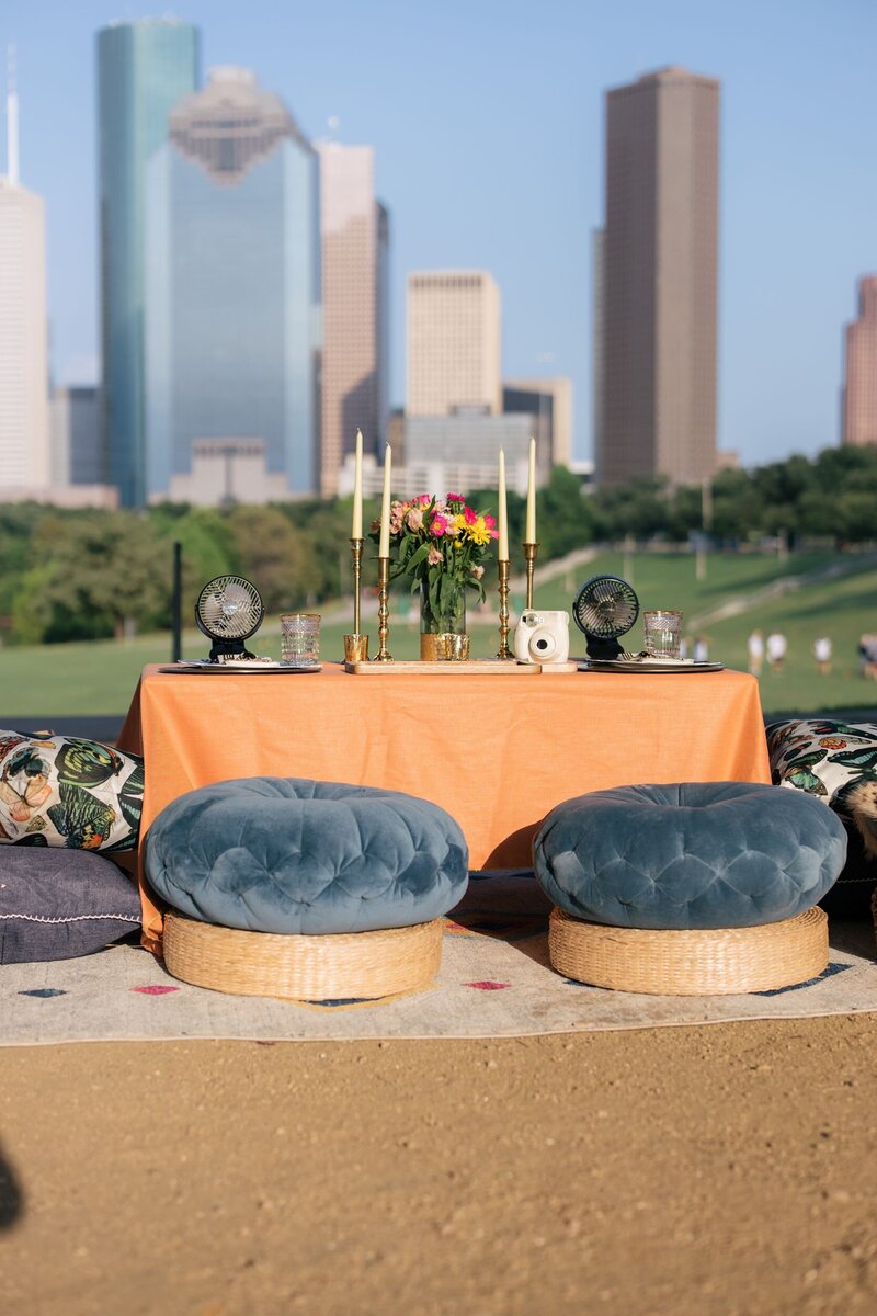 Orange tablescape picnic with Houston skyline