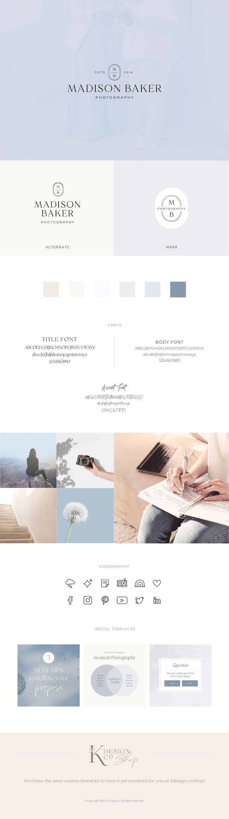Photographer logo design and brand kit with moodboard, social media templates, icons, color palette, font suggestions and inspirational images