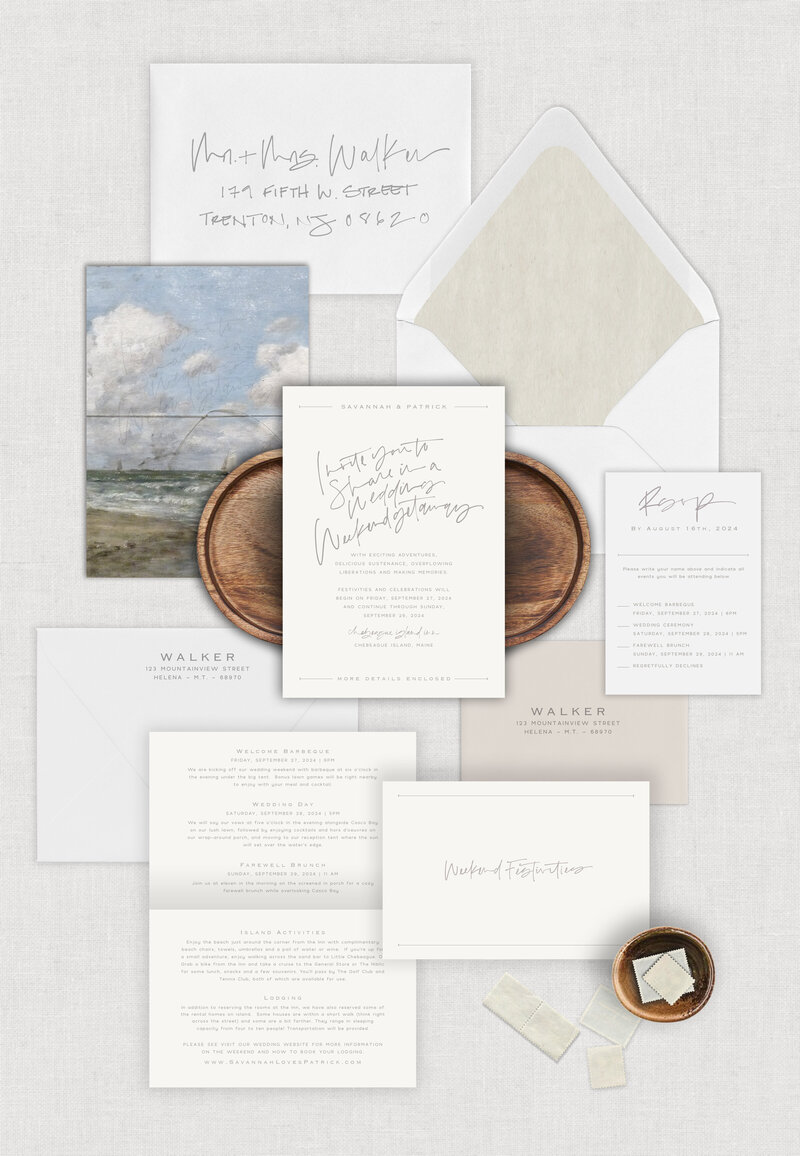 Invitation is digitally printed on Pearl White heavyweight cardstock, ink color is a warm grey, unique font pairing with touches of handwritten to keep the design grounded, other suite pieces are printed on Snow White heavyweight cardstock, Snow White colored mailing envelope with a Japanese textured paper to represent the texture of sand, finished with vintage artwork printed on a vellum wrap and a tied with thin European twine.