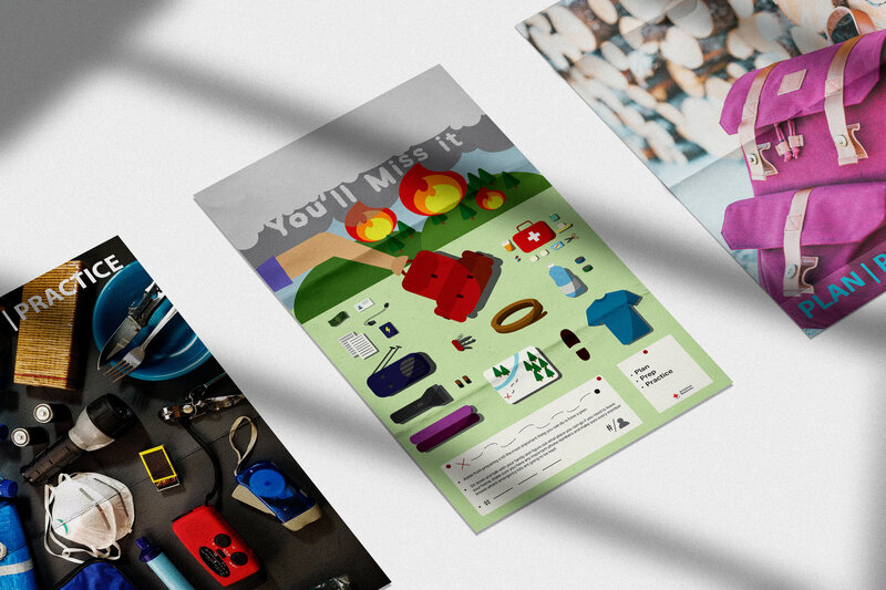 Three wildfire information posters. Left poster: what should be in an emergency kit Middle: Wildfire infographic created by Ayanna Richilano Designs showing what to have in emergency kit with tips on what to do to prepare Right: Picture of go bag