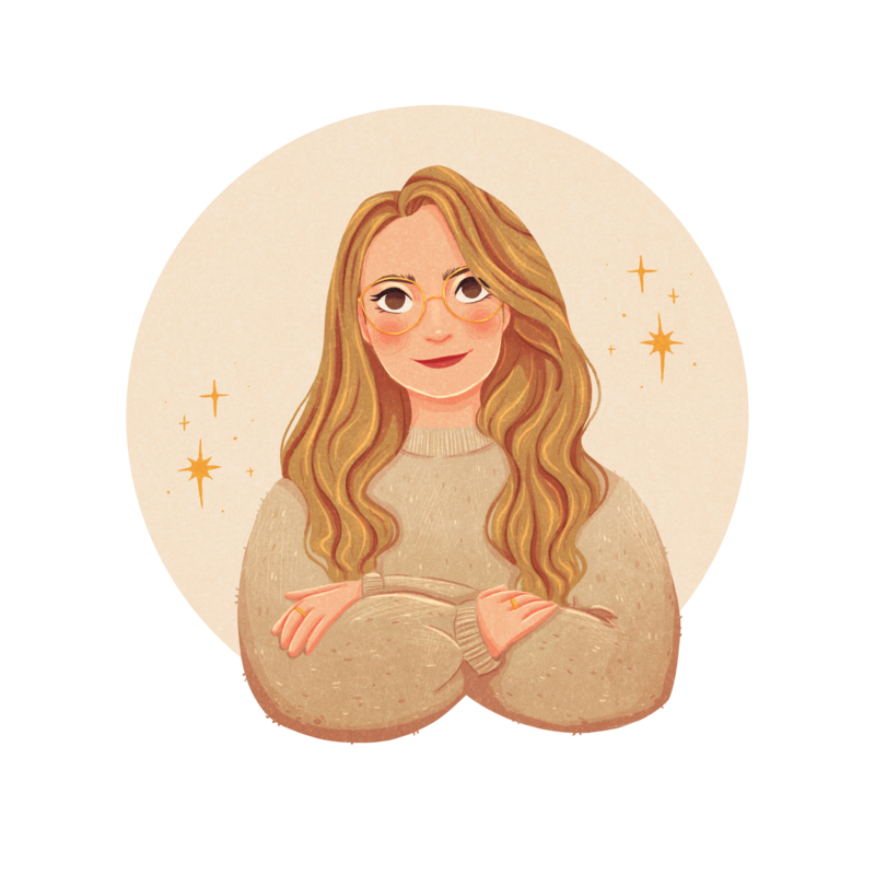 An artistic design of Dr. Caroline Antler, featuring long blonde hair and gold-rimmed glasses. The illustration captures her confident, approachable, and compassionate nature as a disability-informed therapist and advocate