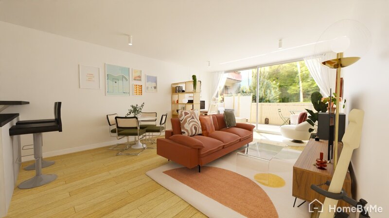 Appartement repensé dans un style retro avec touche orange et vertes.