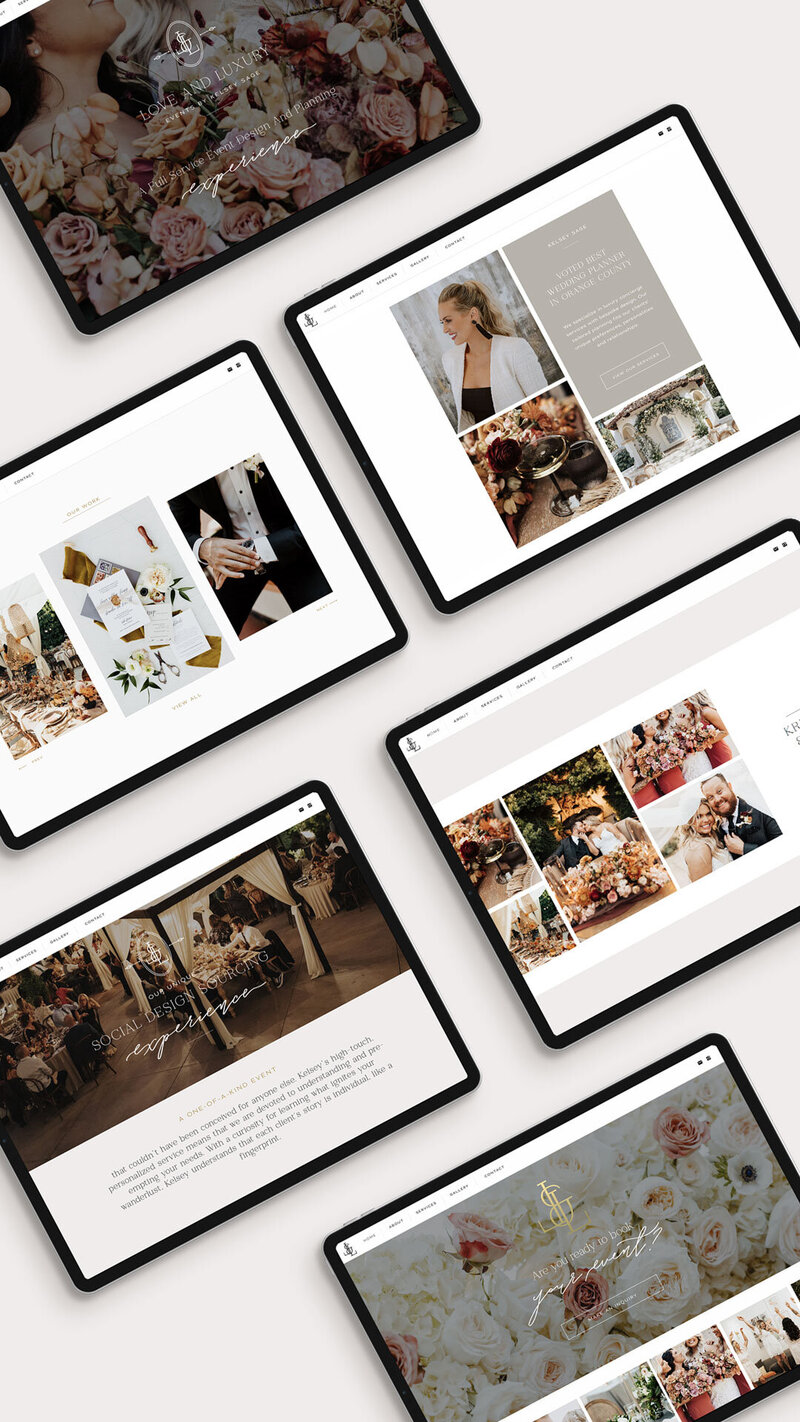 Diagonally arranged mockup of Love & Luxury Events website screens