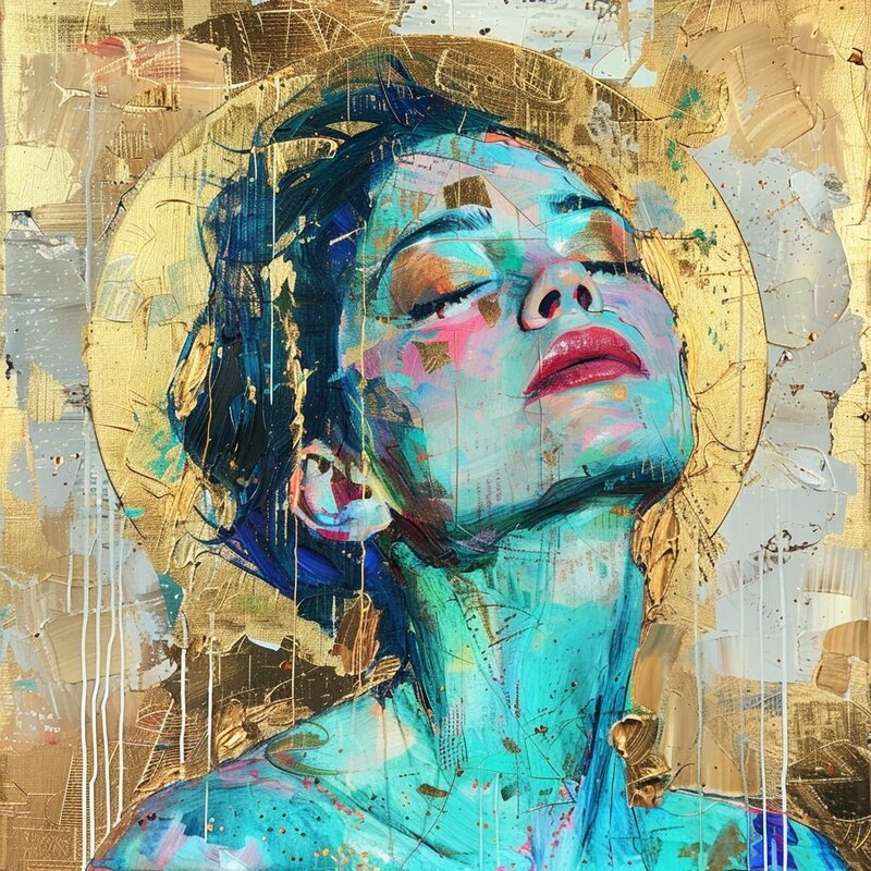 painting of a woman face gold halo turquoise