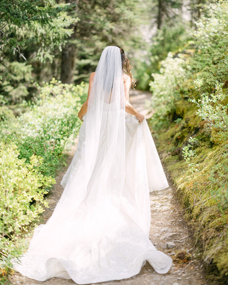 This beautiful portrait captures the bride walking along a serene path surrounded by tall green trees near Chateau Lake Louise in Banff National Park. The lush forest setting enhances the natural elegance and tranquility of the moment, creating a stunning and timeless image.