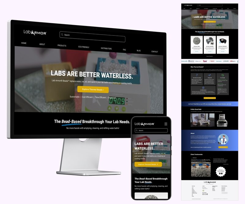 Branded website design mockup for Lab Armor® LLC, featuring desktop and mobile layouts and a full homepage display