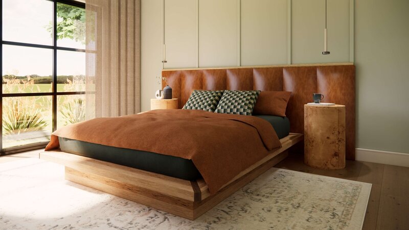 A leather bedhead, wooden side tables and terracotta bedlinen