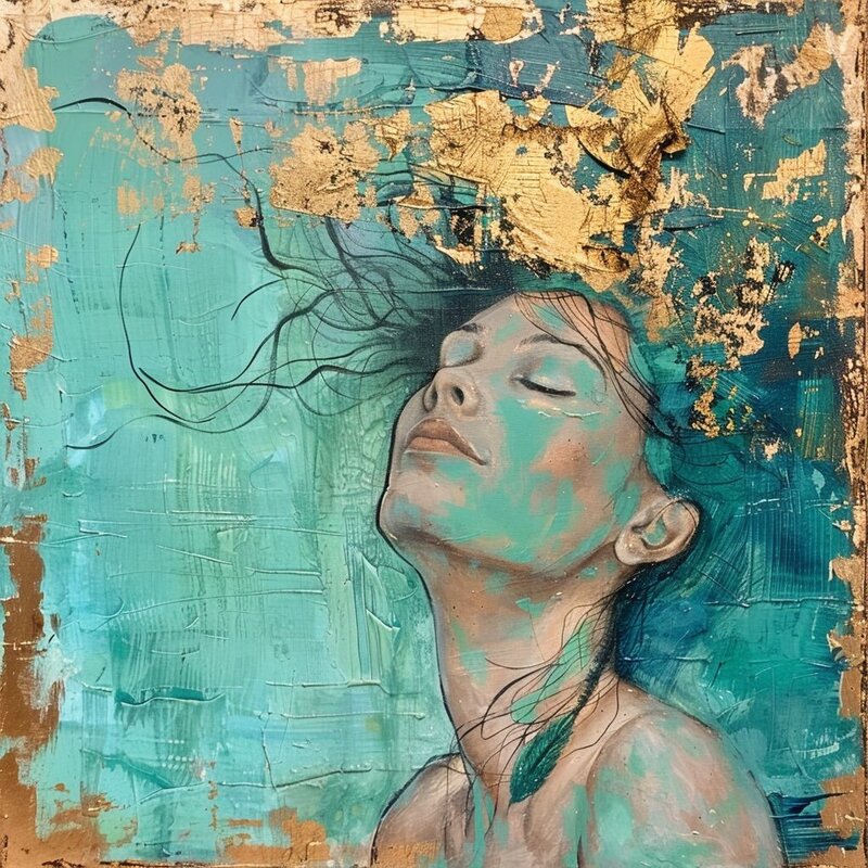 painting of a woman gold leaf hair turquoise etherial