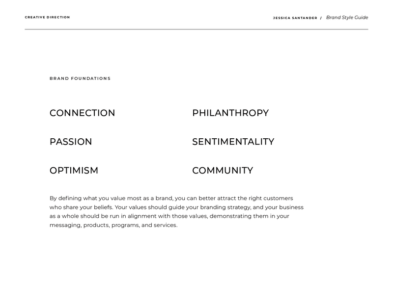 Brand style guide page sample featuring brand values