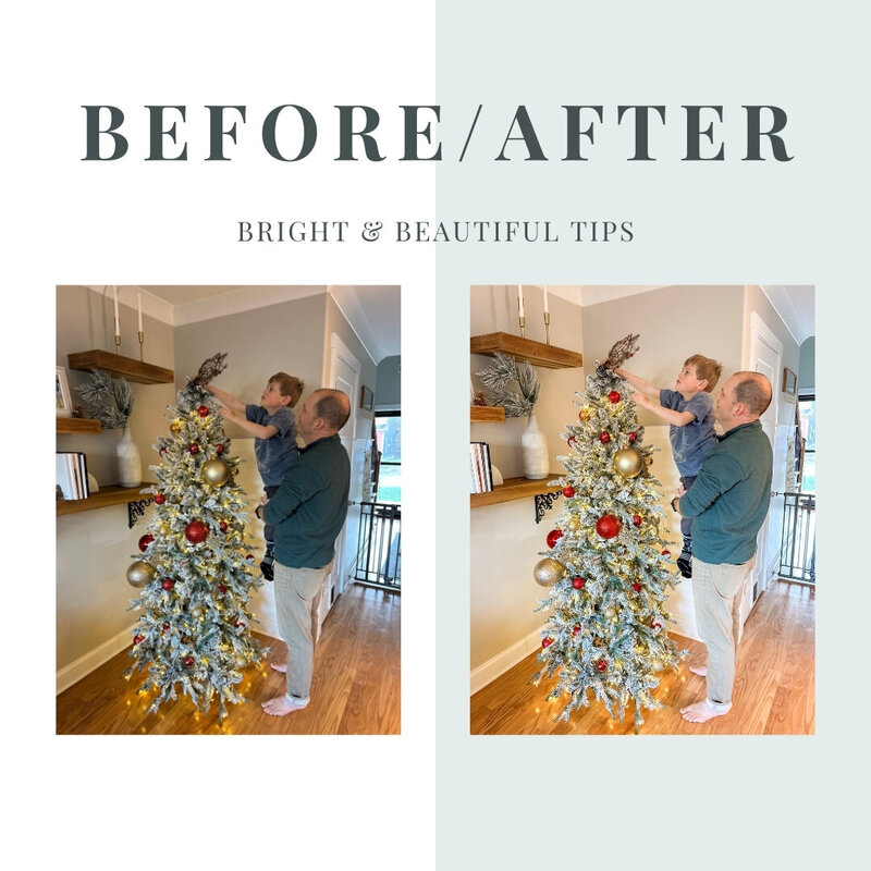 Before and after iPhone holiday photo of a dad and child decorating a Christmas tree at home