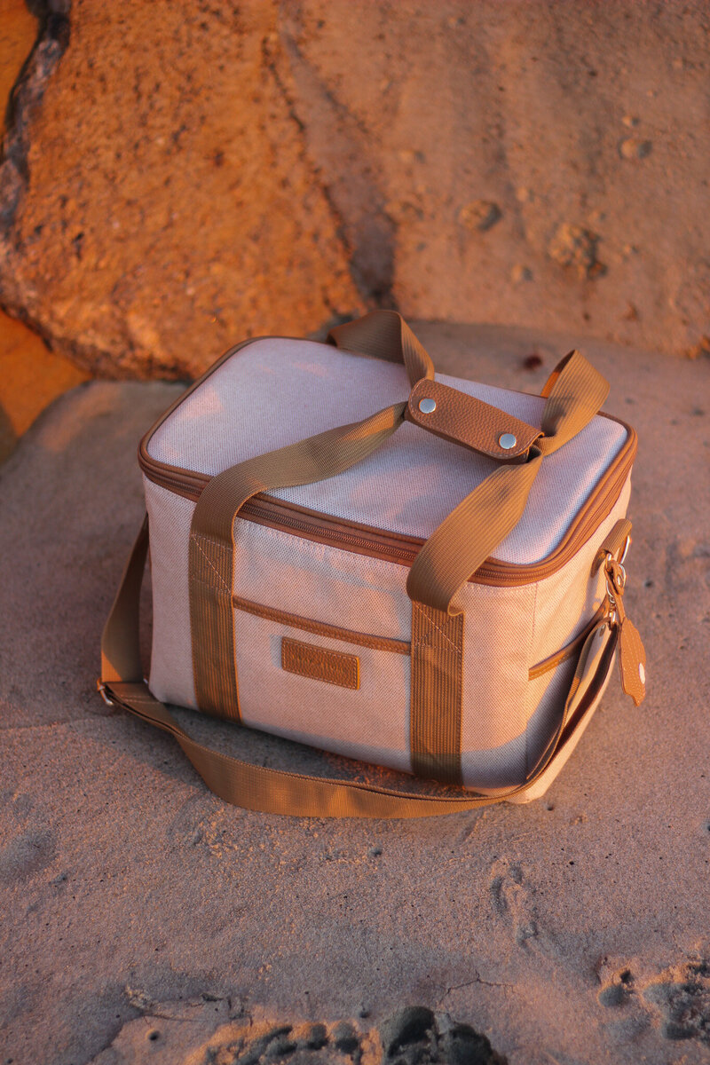 Beach picnic basket lunch box warm toned brand photography