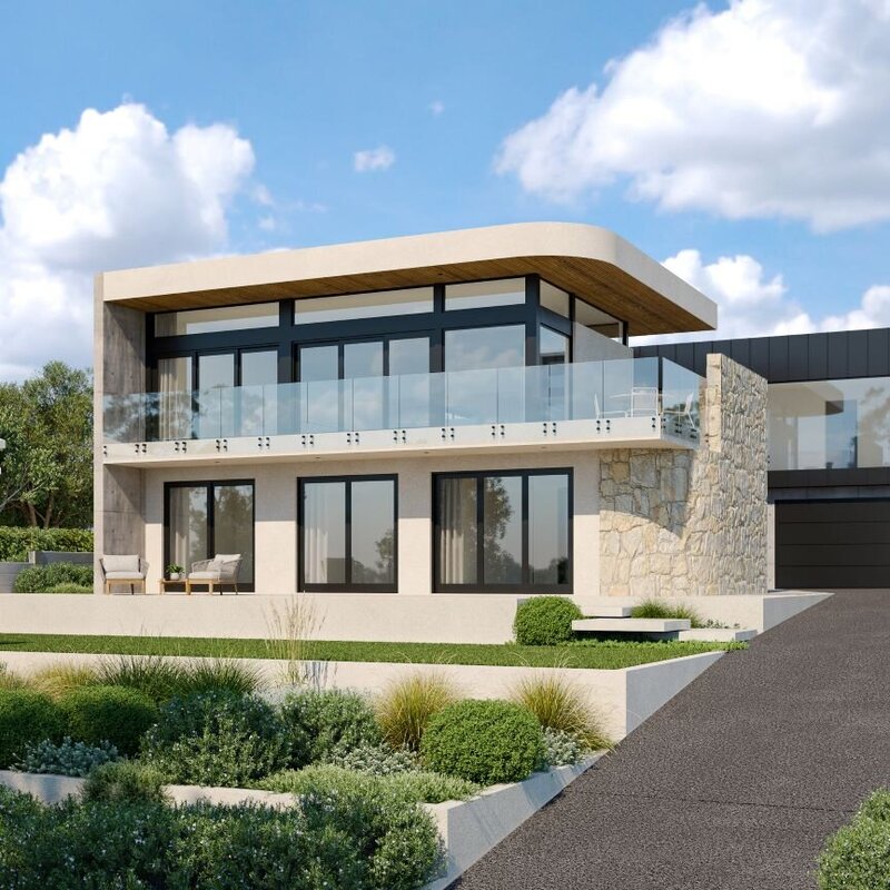 Double story cream house design with stone feature walls and glass balcony