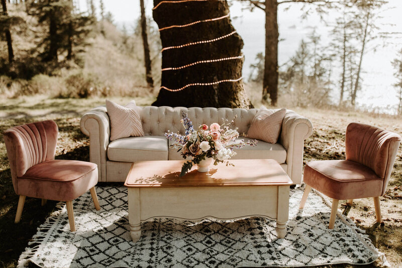 Sofa, coffee table and chairs in front of a tree at an outdoor wedding, representing luxury and affordable event rental offerings.