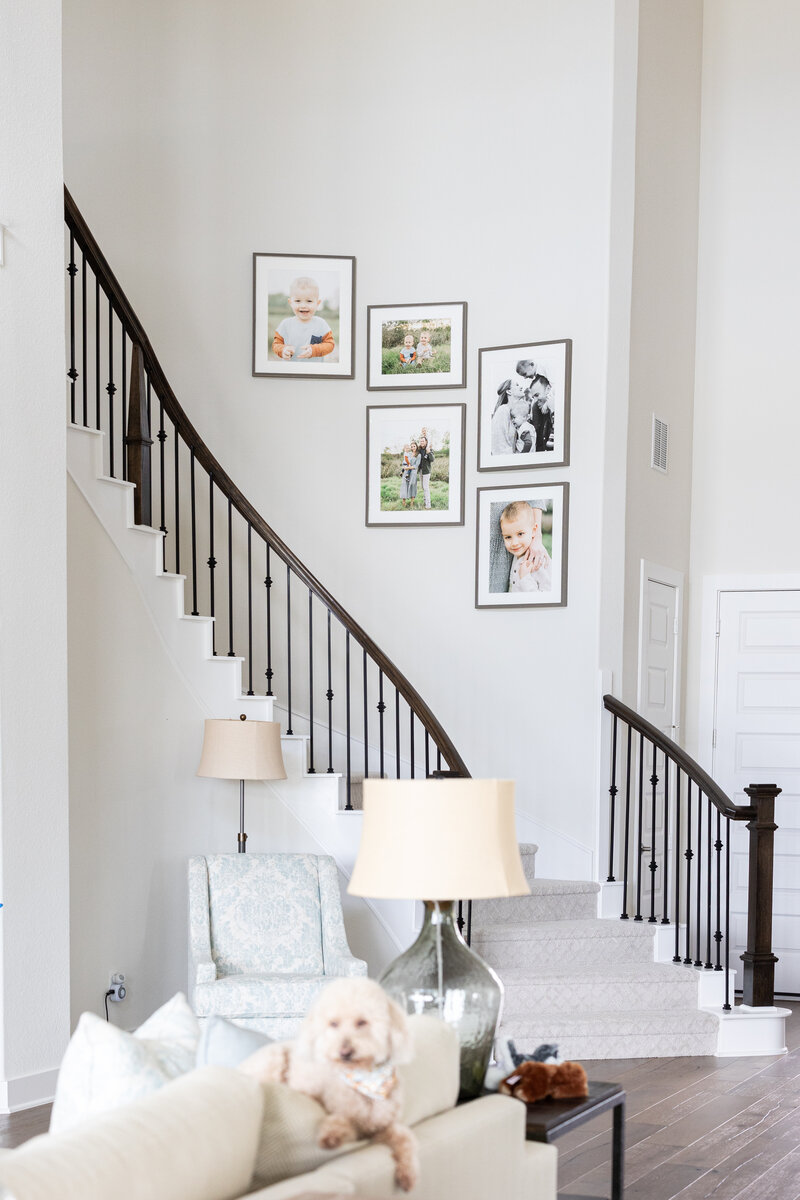 a photo gallery on the stairwell of a home