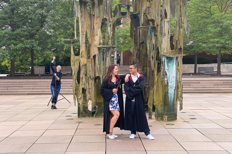 A behind-the-scenes look at a Harry Potter-themed engagement session at Princeton University, featuring magical details and the iconic architecture, as the couple immerses themselves in their love story and favorite fandom.