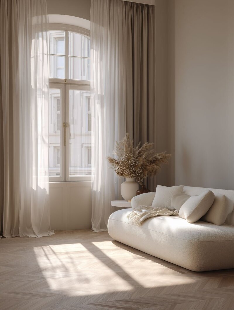 Sunlit minimalist living room with tall arched window, sheer curtains and a low cream sofa accented by pampas grass in a ceramic vase, creating a warm neutral interior
