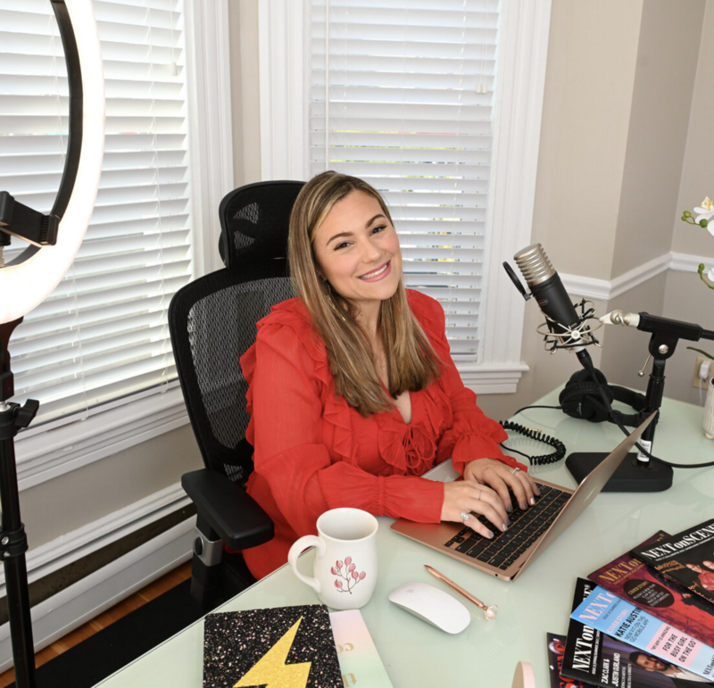Boston Social Media PR Marketing Agency Owner Working at Laptop and in Front of Podcast Mic