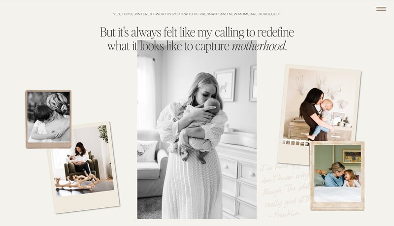 A mother holding a baby in the center, surrounded by other photos of mothers with their children. Text at the top mentions redefining the capture of motherhood. Expertly crafted by our brand designers, this project showcases our brand identity design services tailored for unique and heartfelt moments.